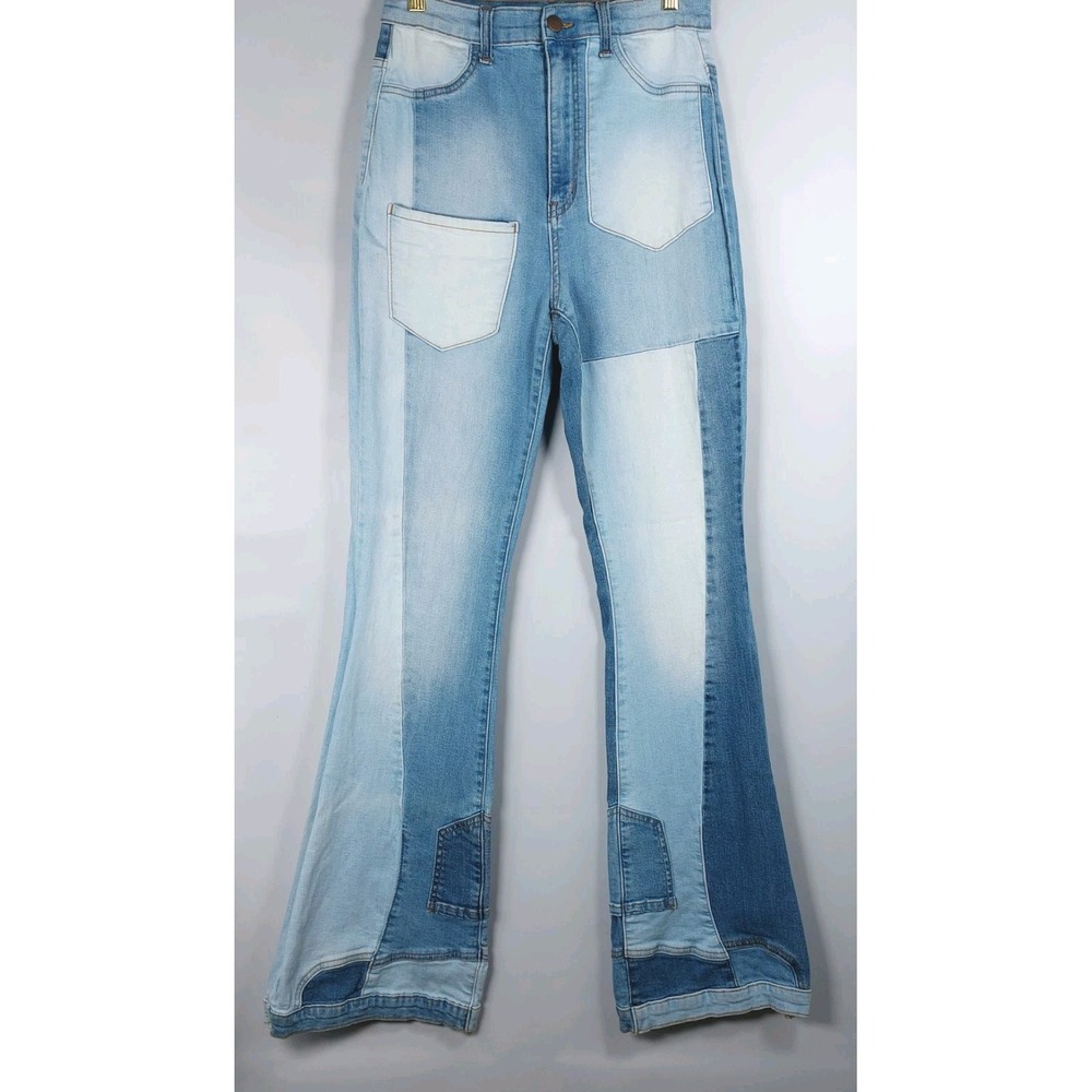 Fashion Nova Womens Size 11‎  Light Wash Bell Bottom Patchwork Jeans Hippie Boho
